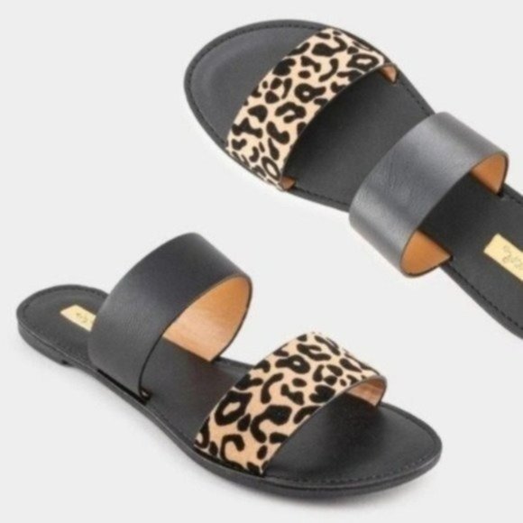 Shoes - Black leopard double band slip on sandals leather